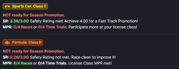 A driver's license page showing the iRacing Fast Track Promotion requirements.